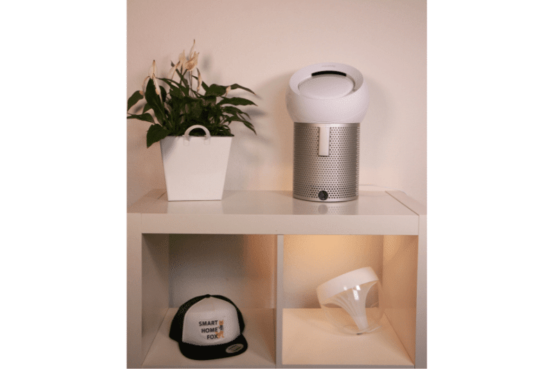 Der Dyson Pure Cool Me BP01 steht auf einem Regal neben einer Pflanze